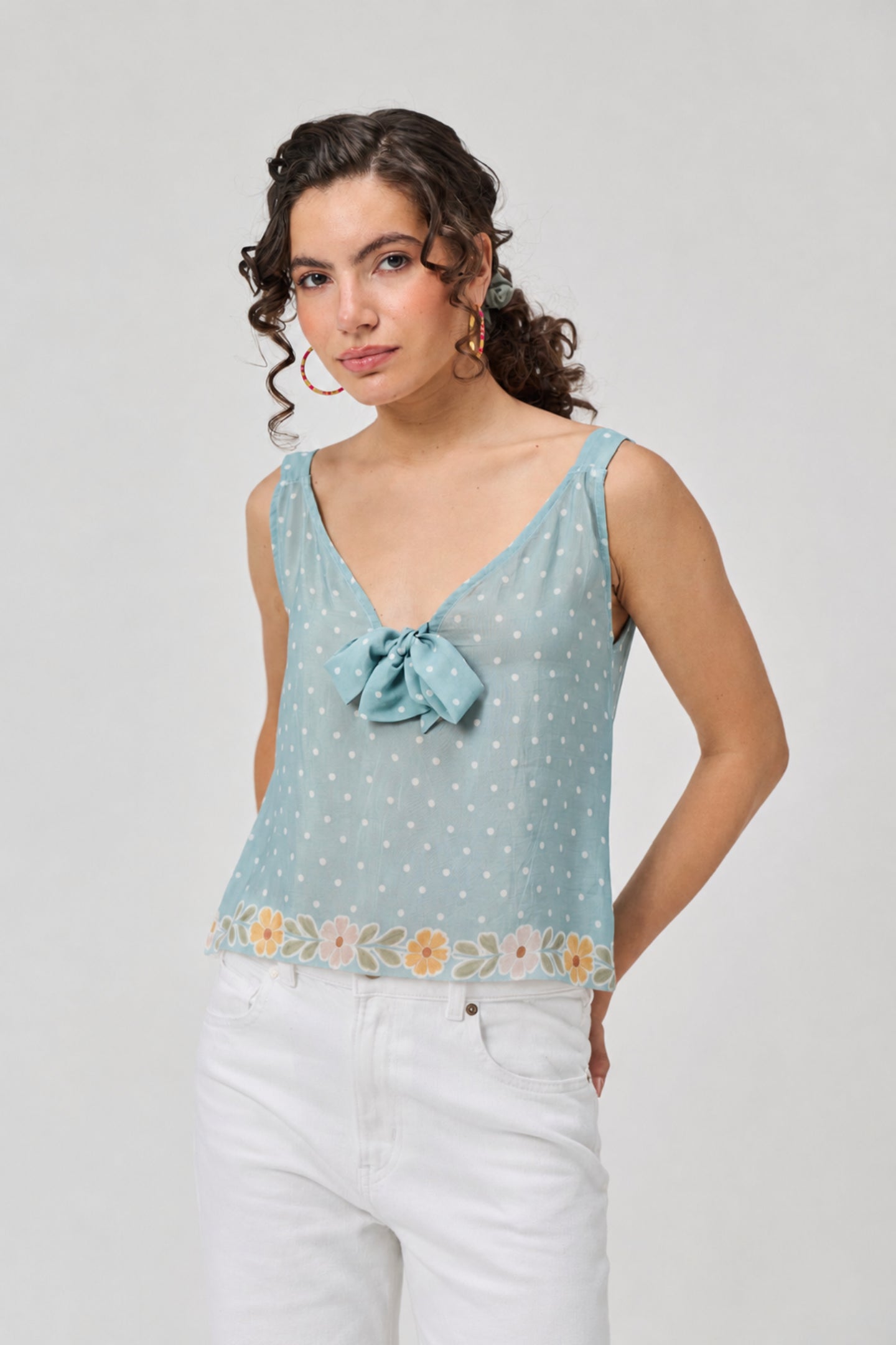 Deep V-Neck Polka Dot Top with Bow Detail