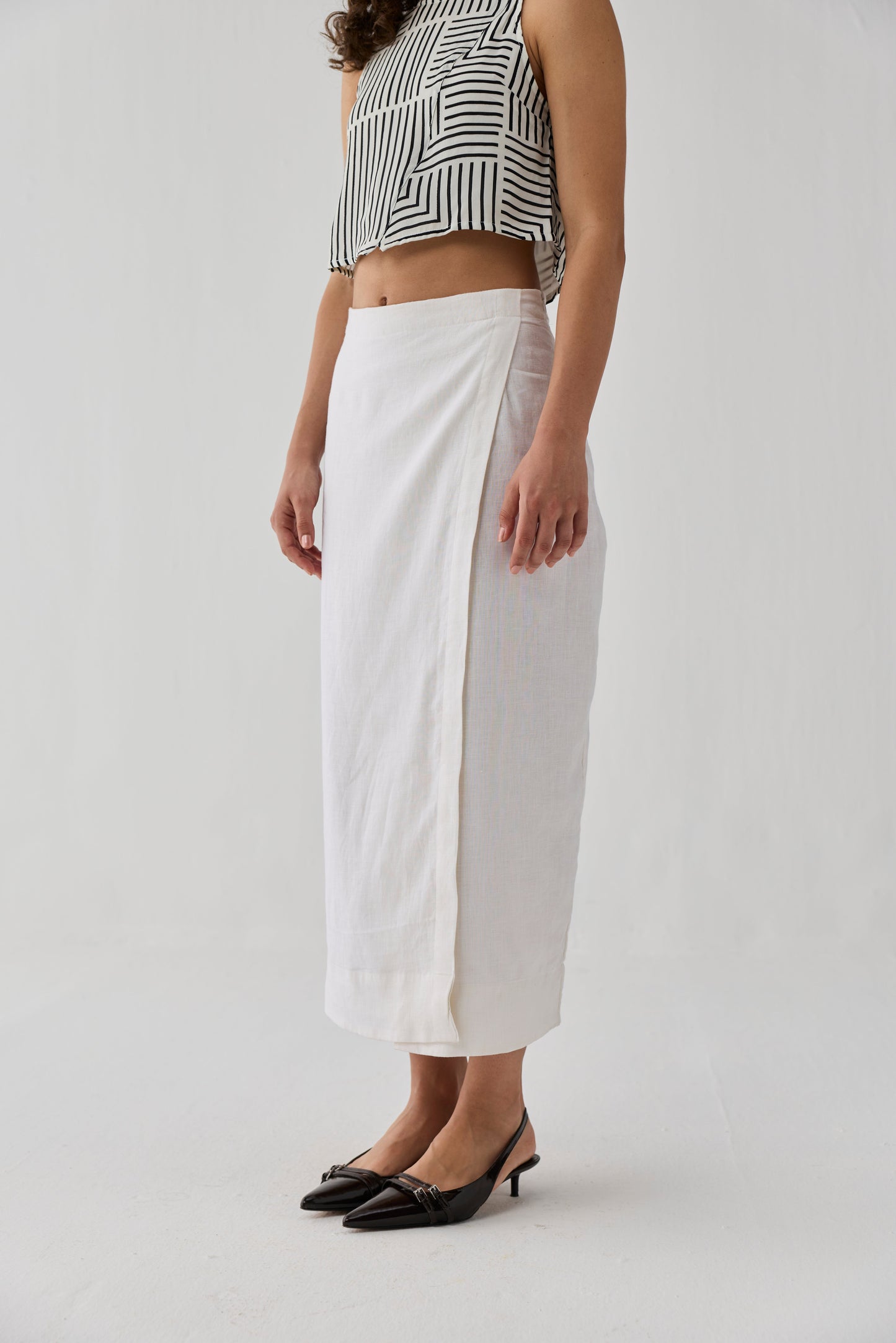 Fitted Overlap Midi Skirt in Off - white