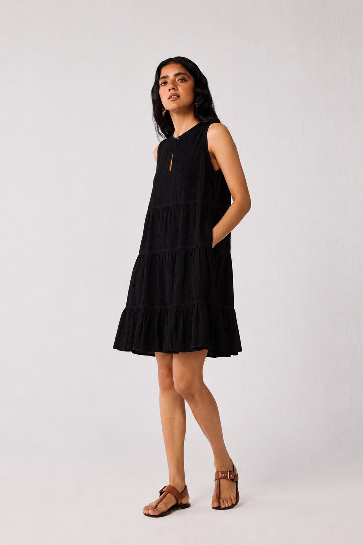 Embroidered Everyday Sleeveless Short Tiered Dress in Black
