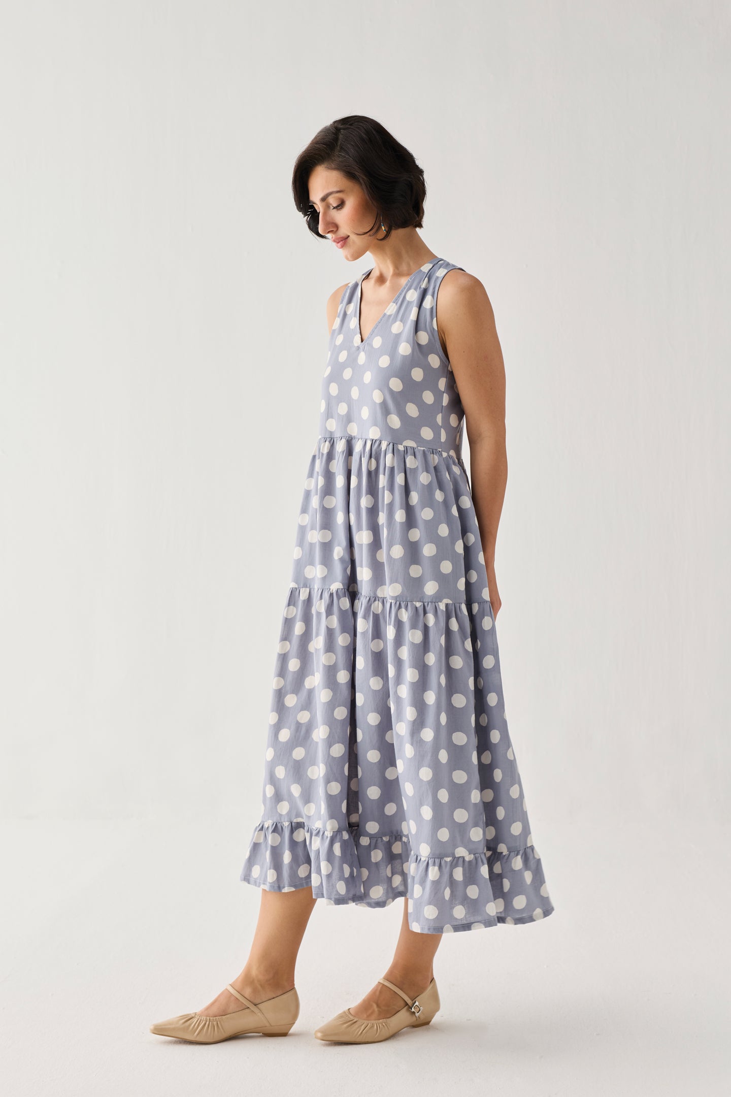 Tiered Midi Dress in Blue Polka