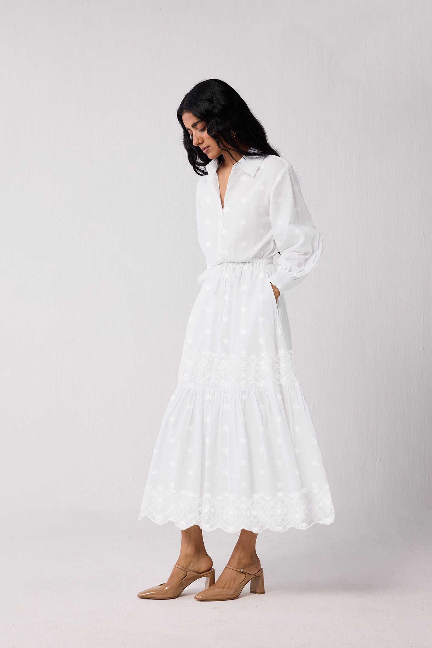 Embroidered Flowy Maxi Tiered Dress in White