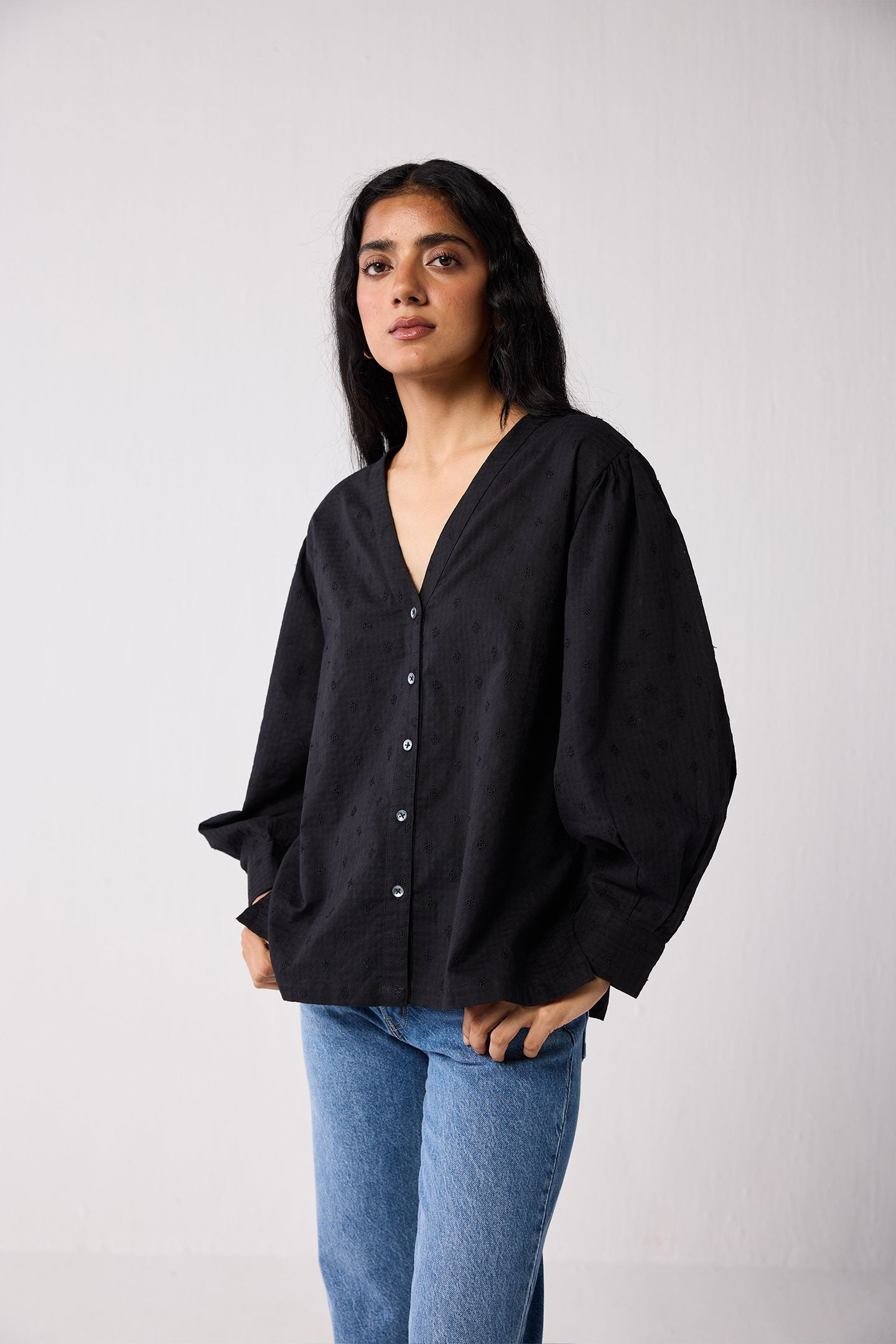 Embroidered Shirt with Long Balloon Sleeves in Black