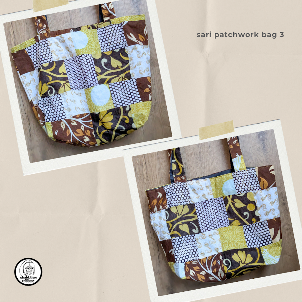 Sari patchwork bag with a floral and geometric pattern on a beige background