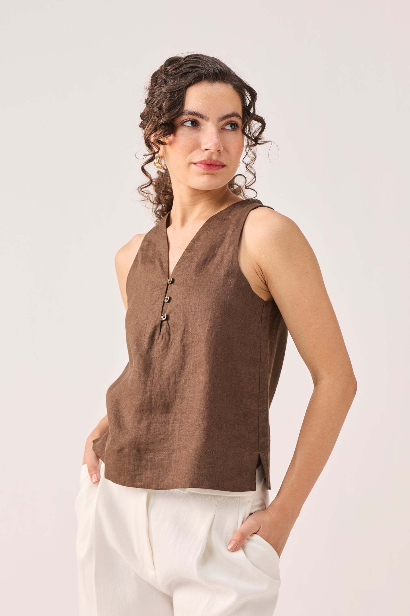 The Button Neck Top in Brown
