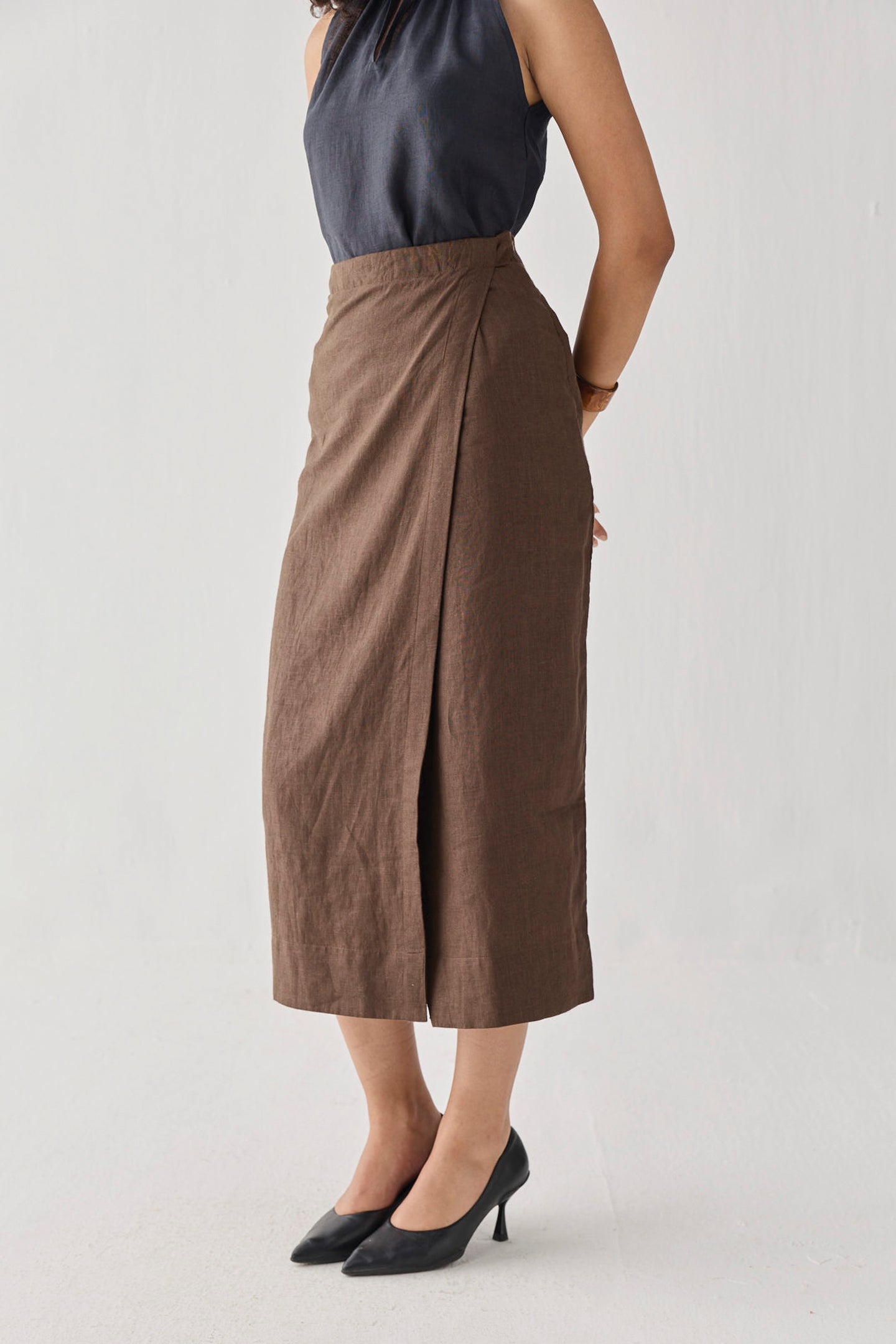 Fitted Overlap Midi Skirt in Brown