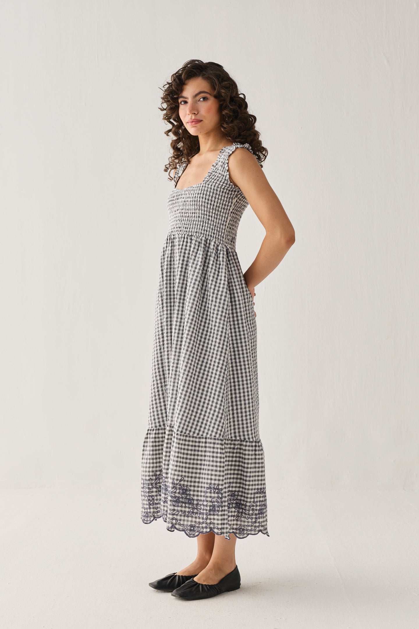 The Smocked Maxi Dress in Grey Check