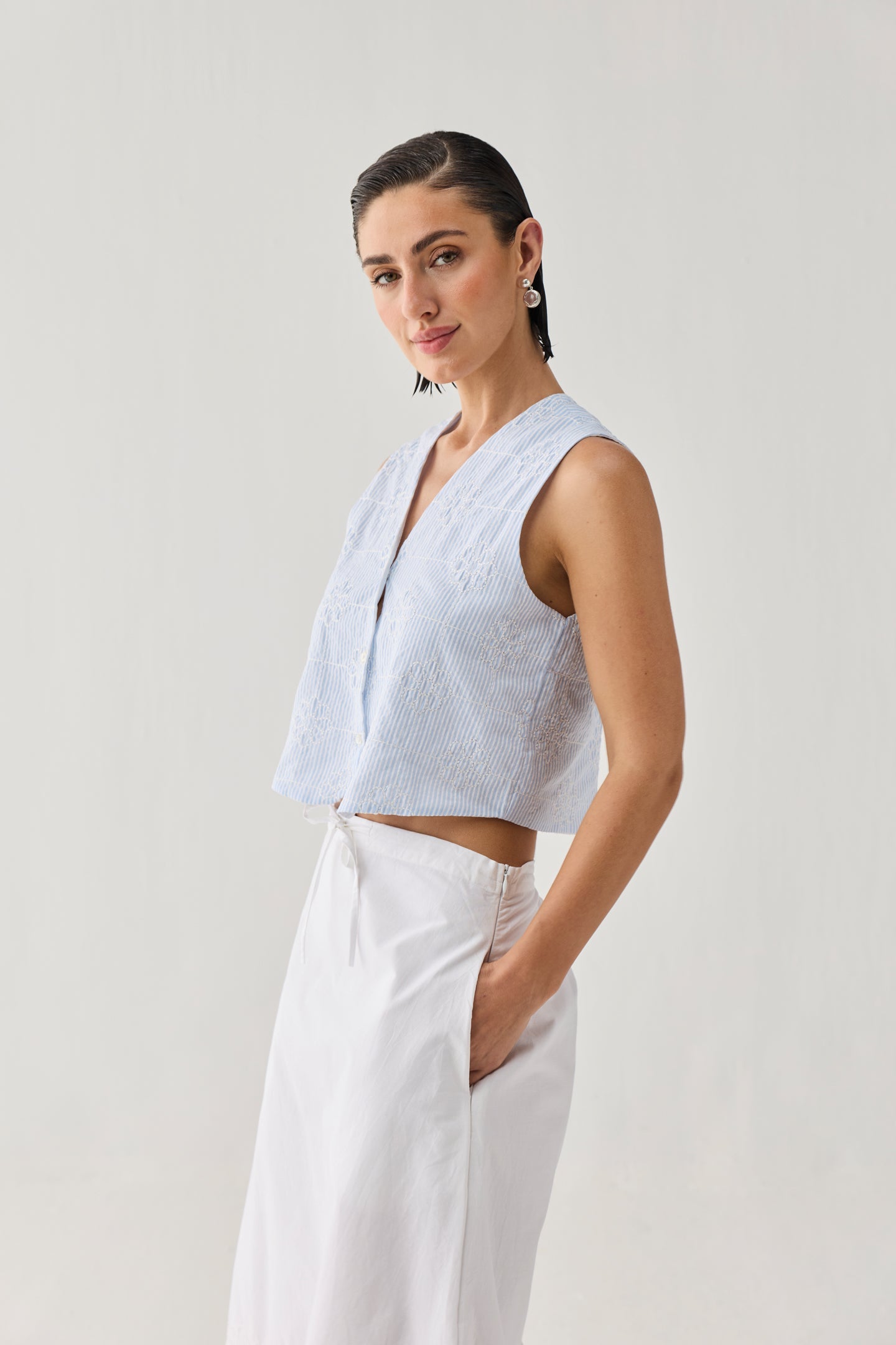 Embroidered Sleeveless Vest Top in Blue Stripe
