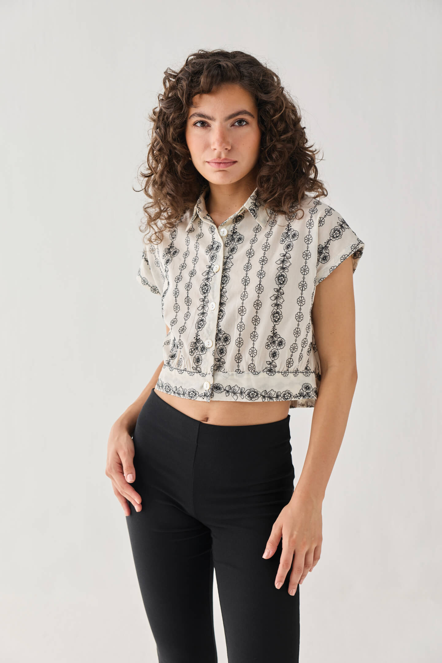 Oversized Crop Shirt with Floral Embroidery