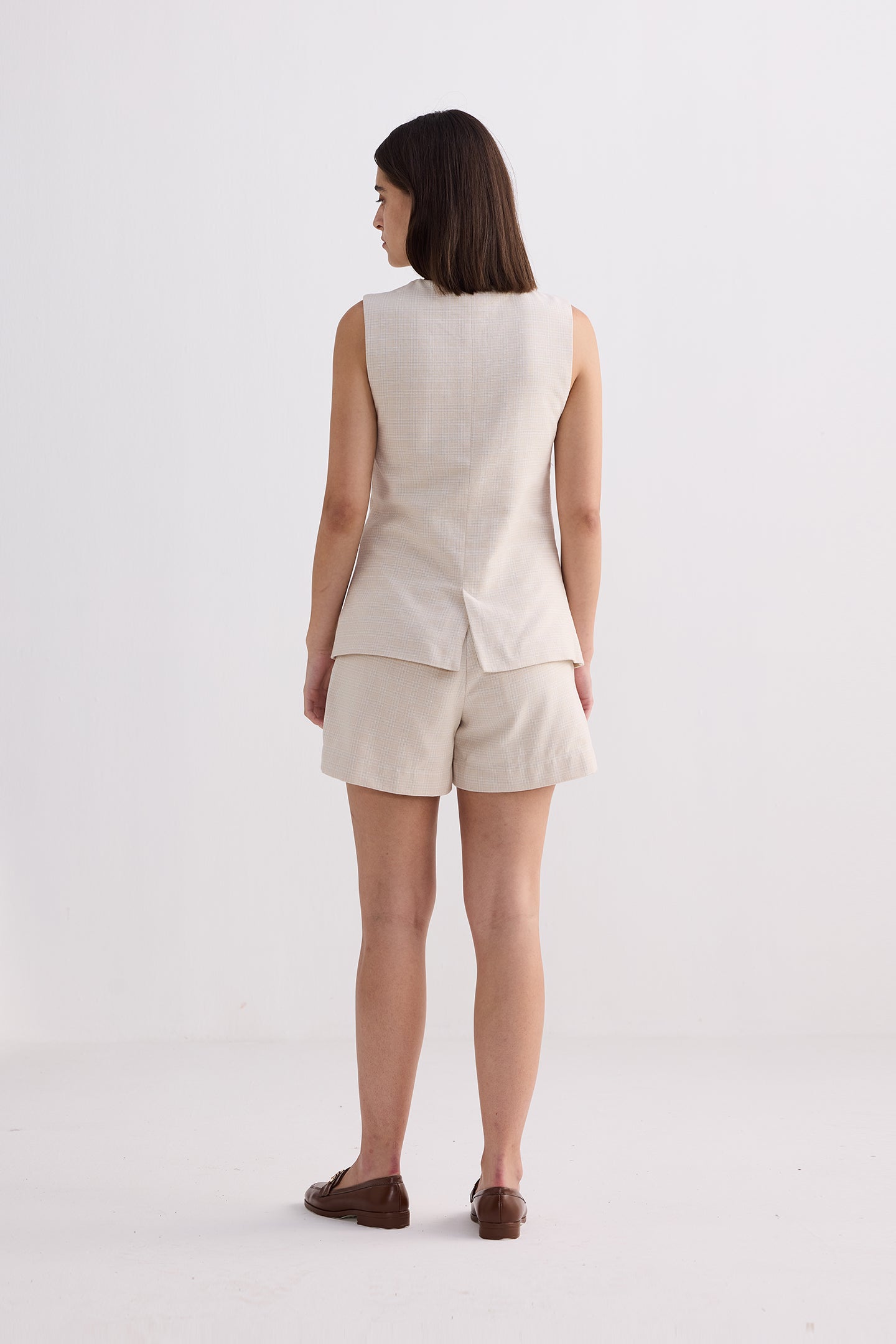Cotton Tweed Vest Jacket Set in Cream Back