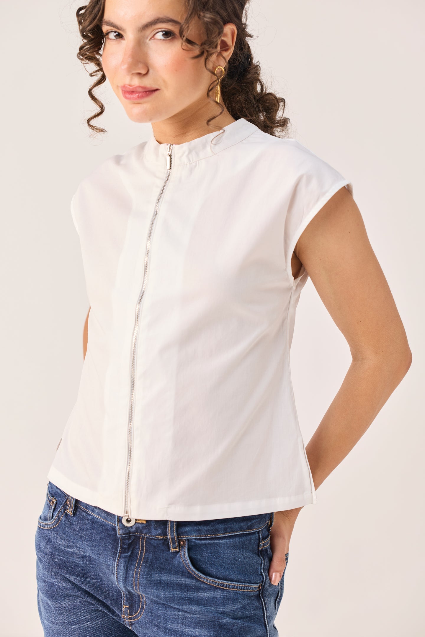 Front Zip Top in White