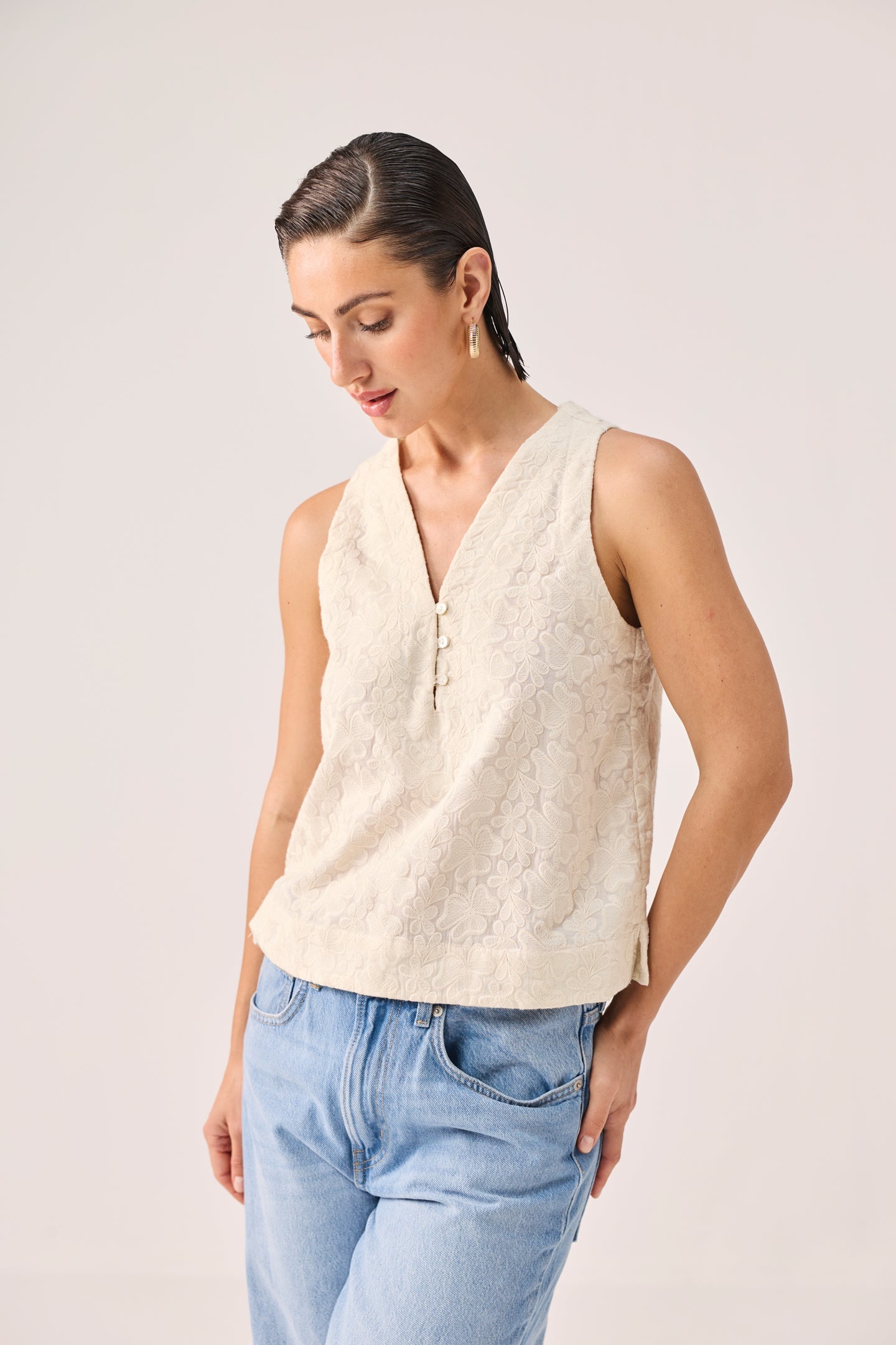 Embroidered Button Front Neck Top in Cream