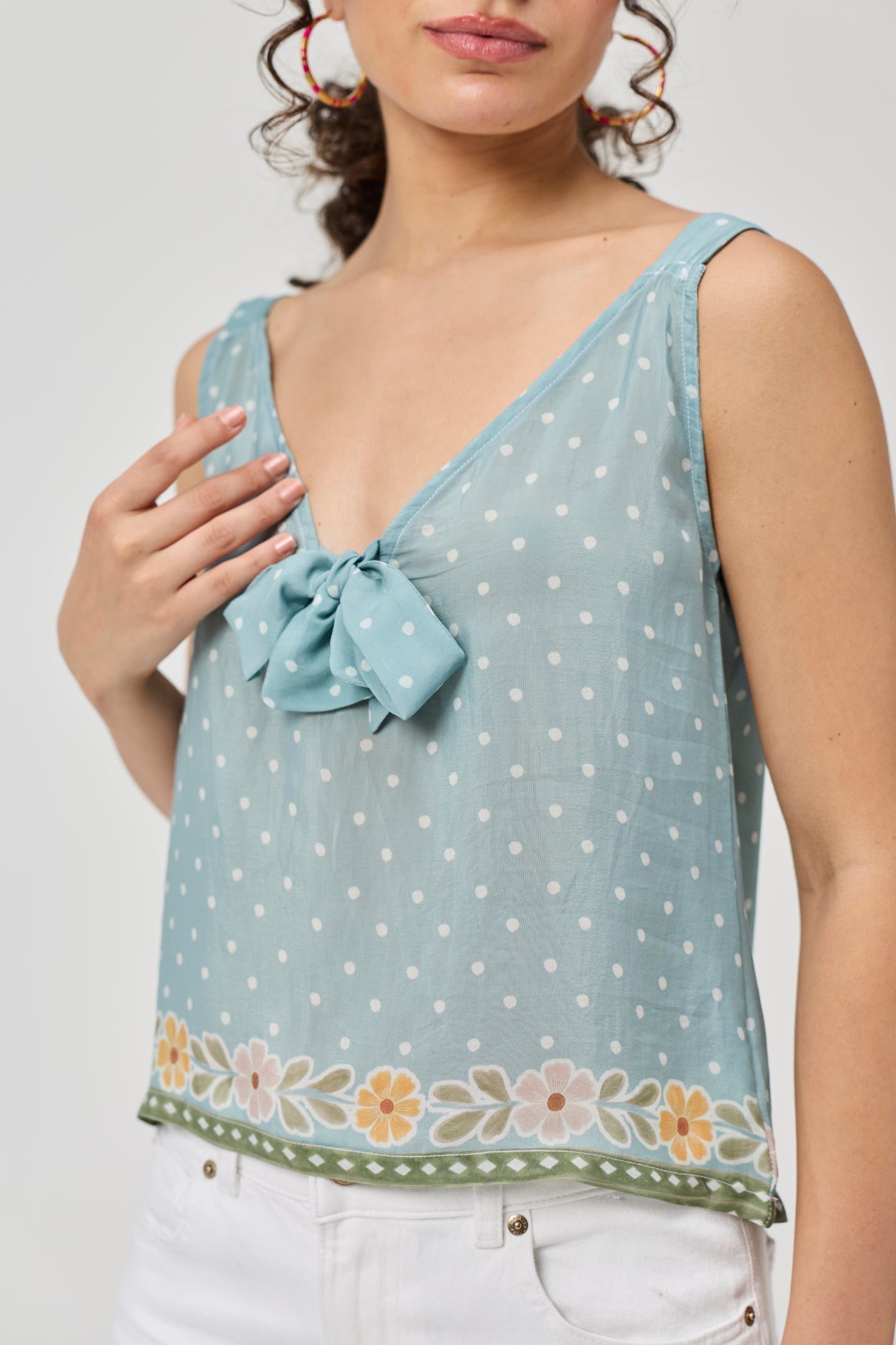 Deep V-Neck Polka Dot Top with Bow Detail