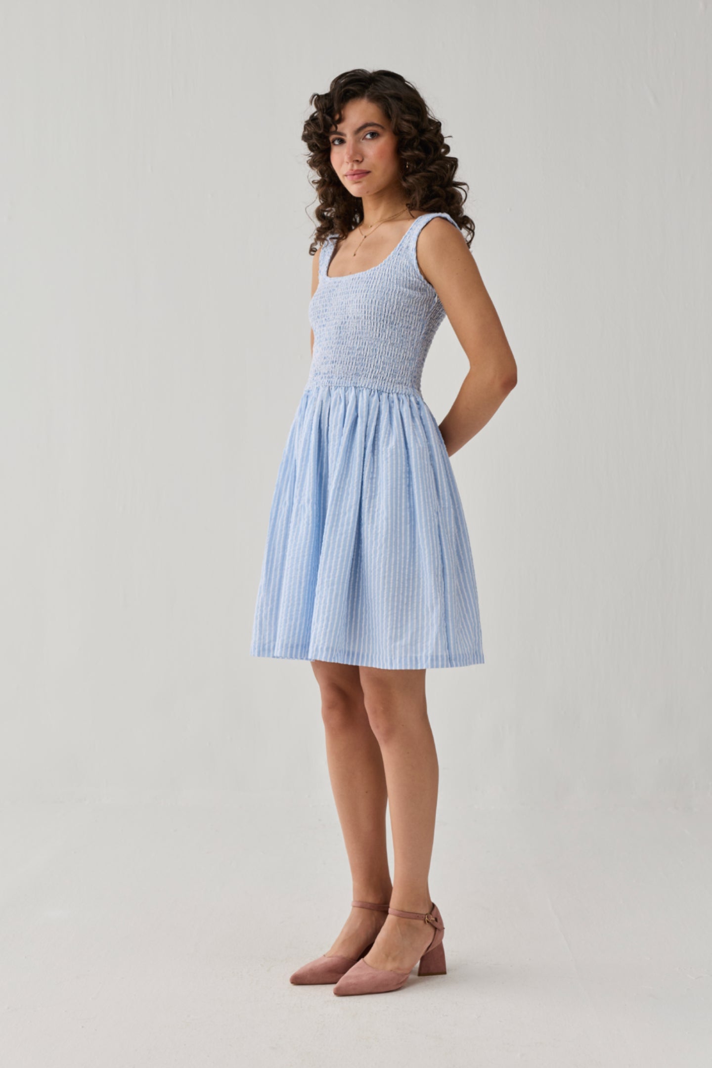 Smocked Short Dress in Blue Stripes