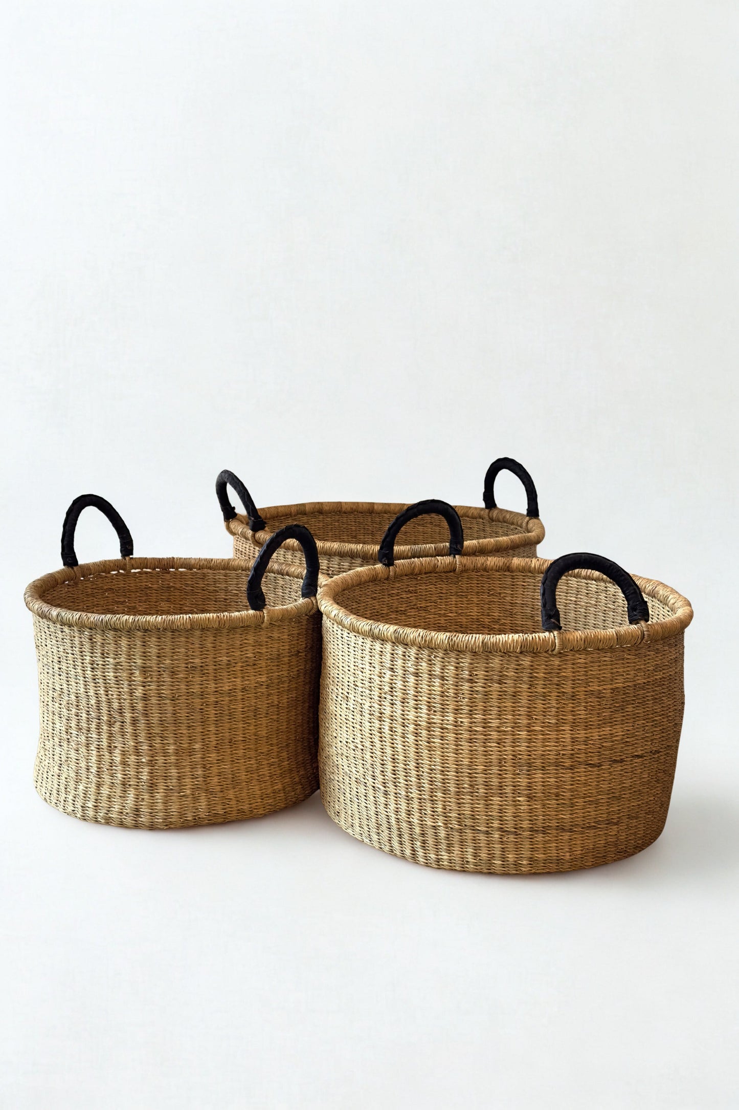 S/3 Handwoven Short Hampers with Leather Handles - Natural