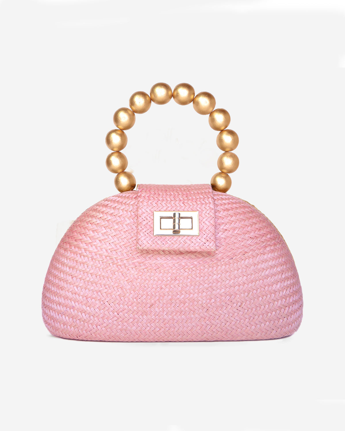 THE ORLA Light Pink Woven Straw & Gold Bead Statement Clutch Bag