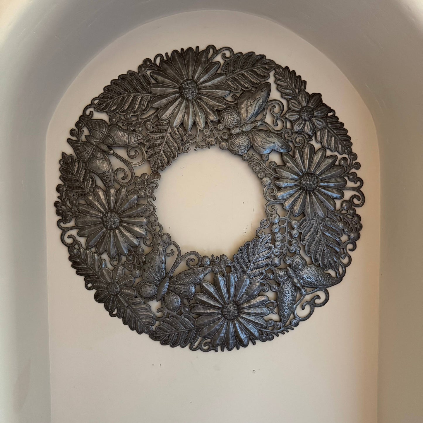 Haitian Metal Art, Flower and Butterfly Wreath 23"