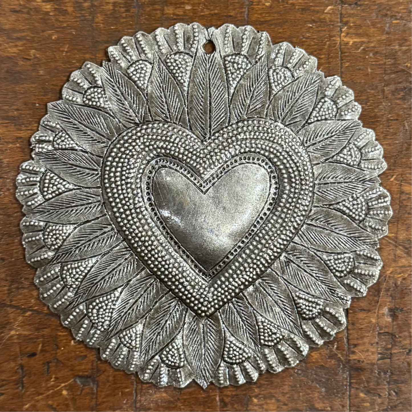 Haitian Metal Sacred Heart & Flowers 4" Handmade with Love