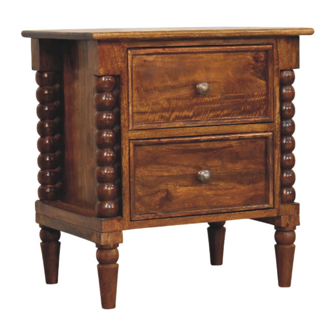 Solid Wood Spindle Beaded Bedside Table 2 Drawers Brown
