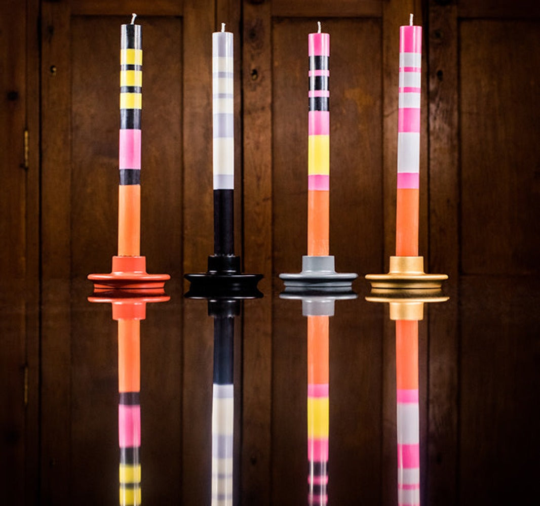S/4 Striped Jet Black, Pearl White & Dove Grey Dinner Candles
