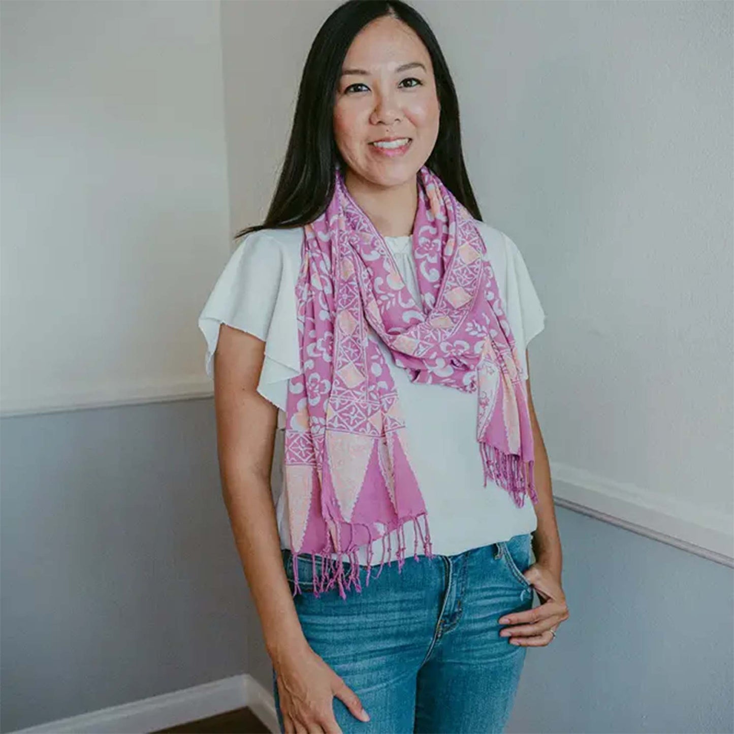 Handmade Batik Scarf, Cotton, Plumeria, Pink, Purple, Peach