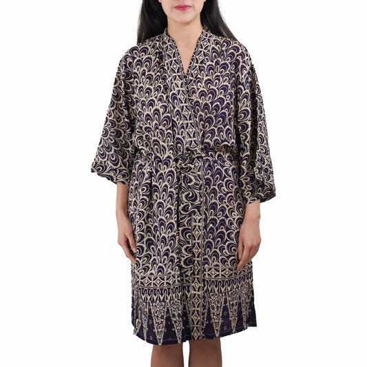 Handmade Batik Robe Kimono, 100% Cotton Soft, Hand Dyed, Black Gray Peacock