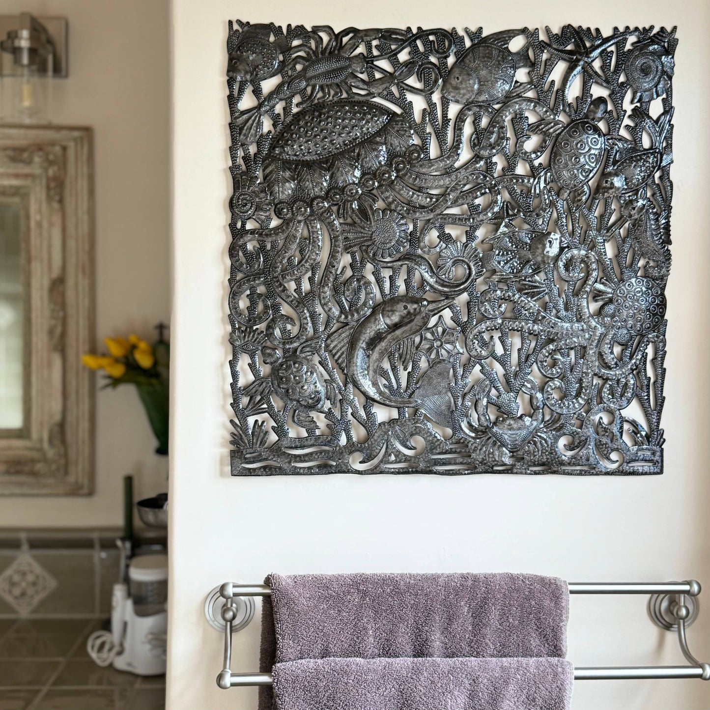 Sea Life, Jellyfish Octopus Recycled Metal Art, 24"x 24"