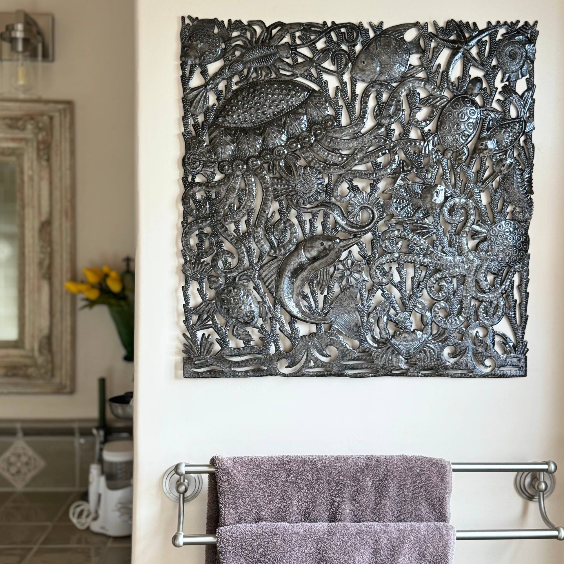 Sea Life, Jellyfish Octopus Recycled Metal Art, 24"x 24"
