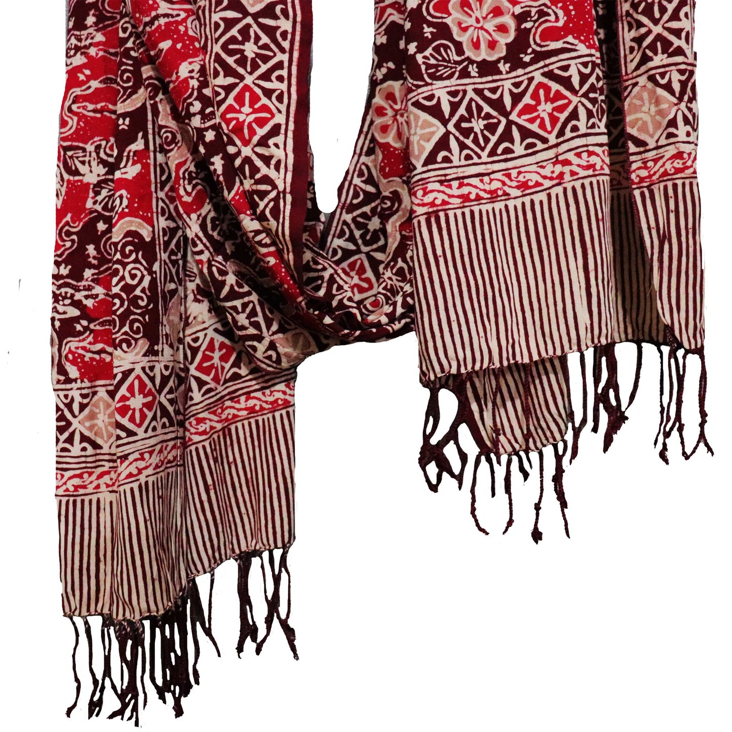 Handmade Batik Scarf, Soft Cotton, Sunlit Garden, Red Burgundy