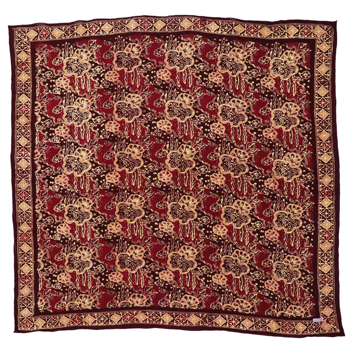 Large 39" Hand Dyed Batik Bandana, 100% Soft Cotton, Sunlit Garden, Red Burgundy