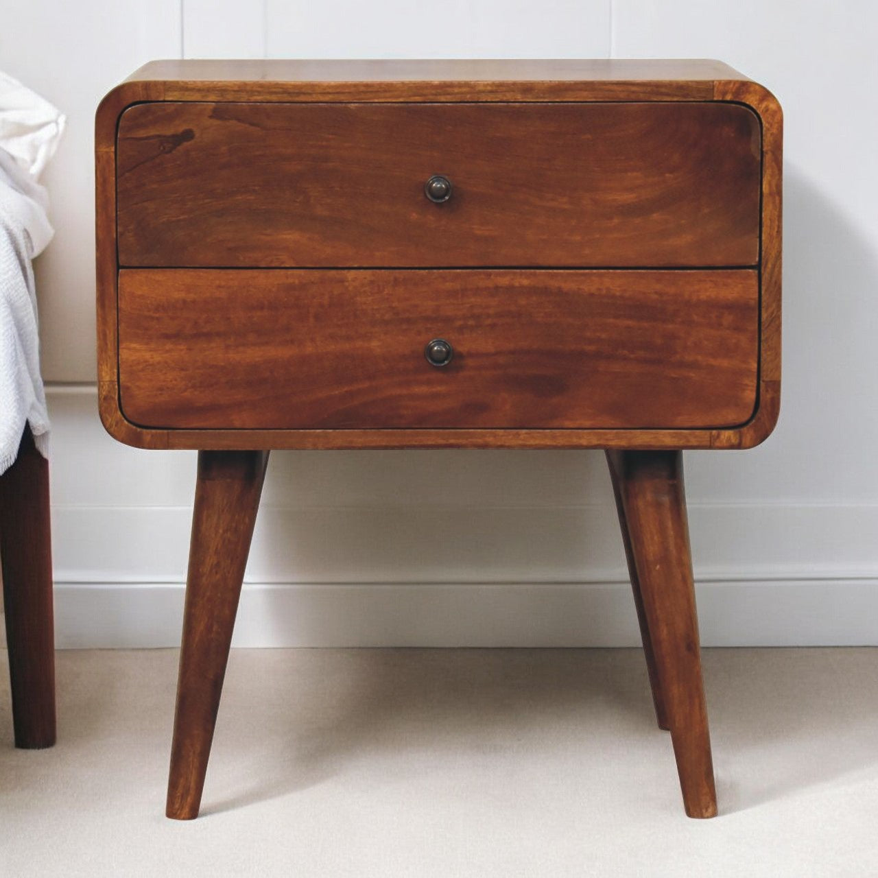 Solid Wood Large Curved Chestnut Bedside Table
