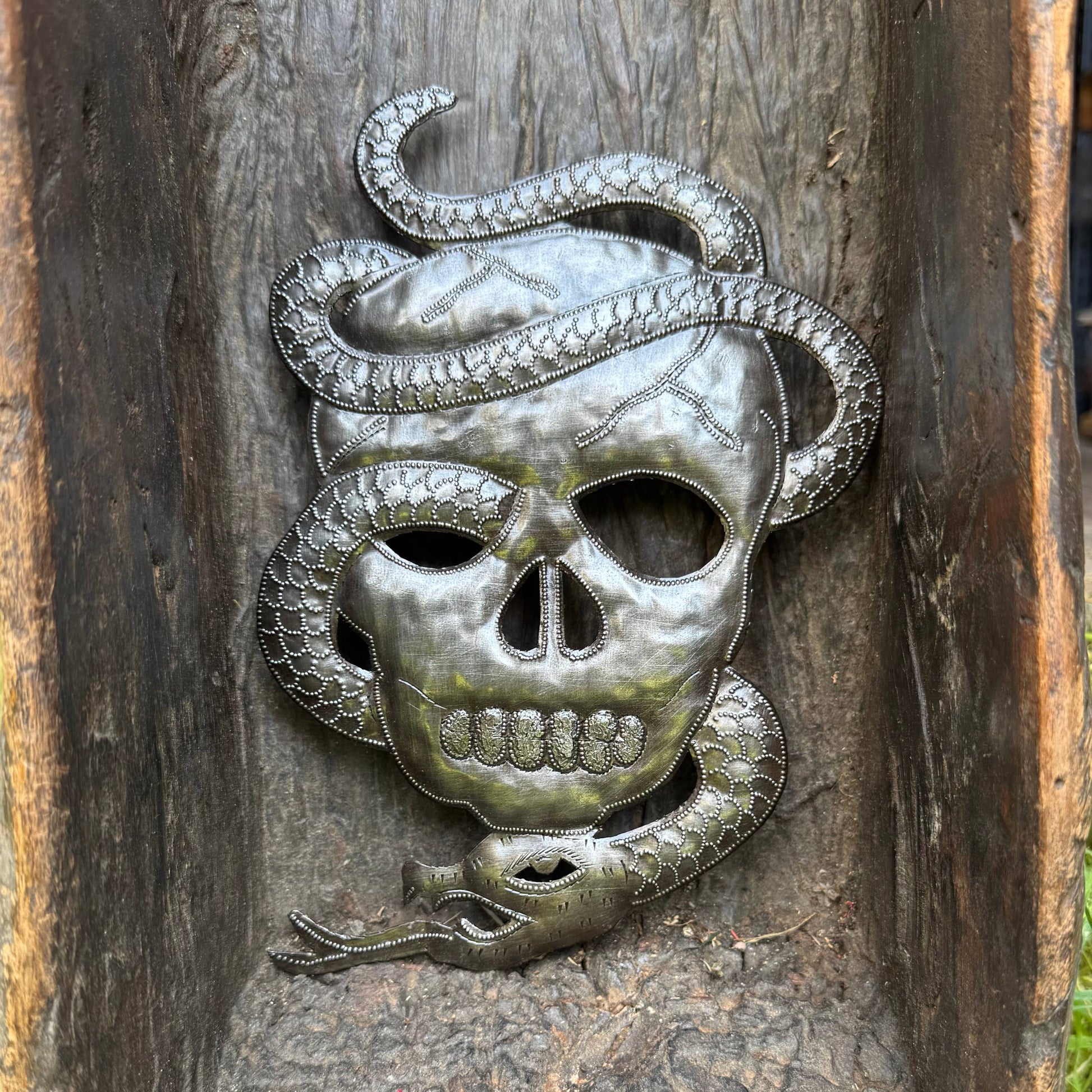 Skull Skeleton with Snake, Haitian Metal Art 10"x7"