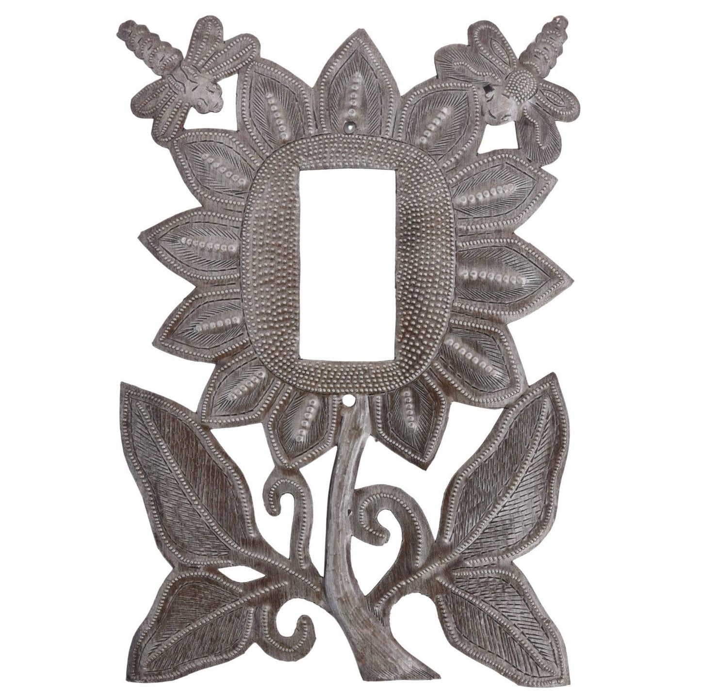 Handmade Haitian Metal Rocker Plate – Sunflower & Dragflies