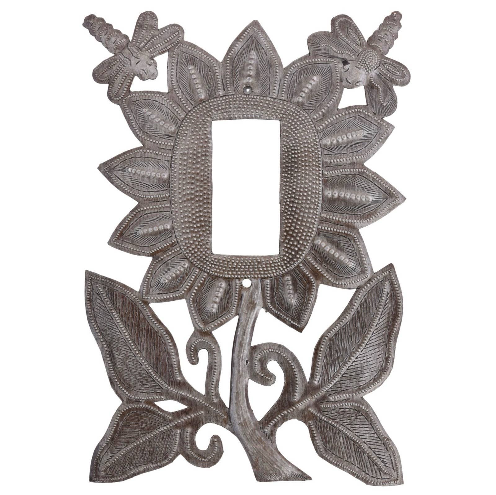 Handmade Haitian Metal Rocker Plate – Sunflower & Dragflies