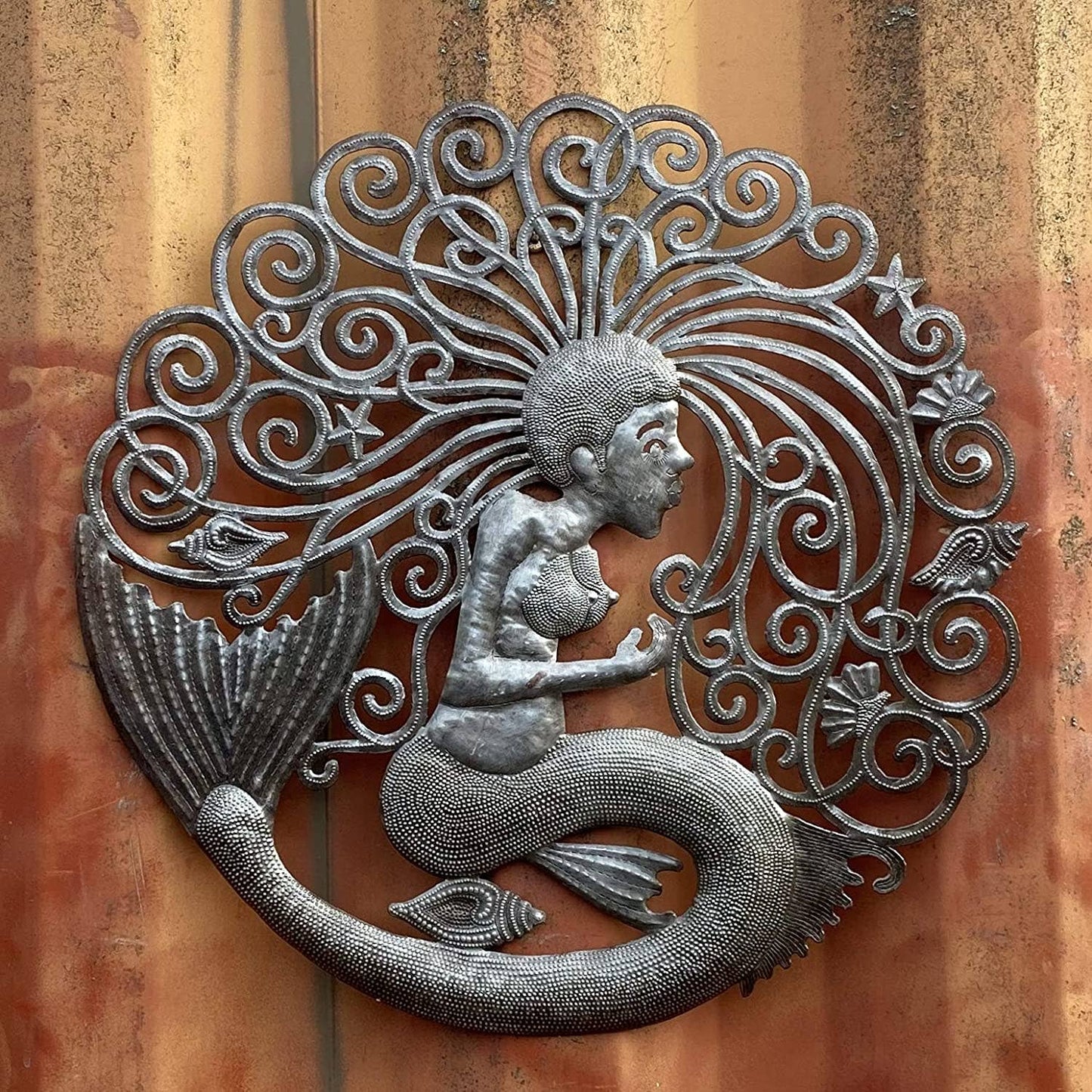23" Mermaid, Handmade Nautical Art, Recycled Metal Haiti