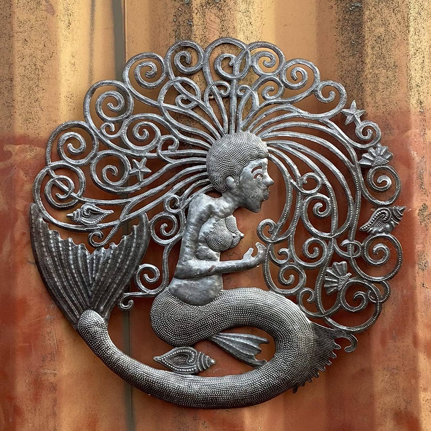 23" Mermaid, Handmade Nautical Art, Recycled Metal Haiti