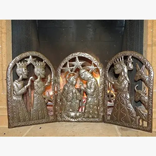 Haitian Nativity Scene, Upcycled Triptych Crèche 34" x 15"