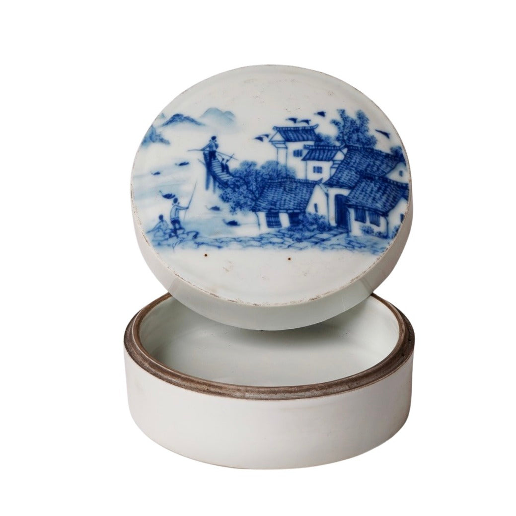 Blue and White Porcelain River Landscape Ink Box