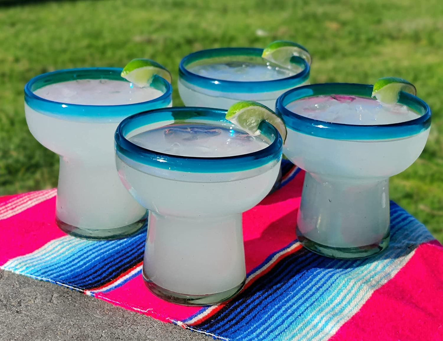S/4 Stemless Aqua Rim Margarita Glasses