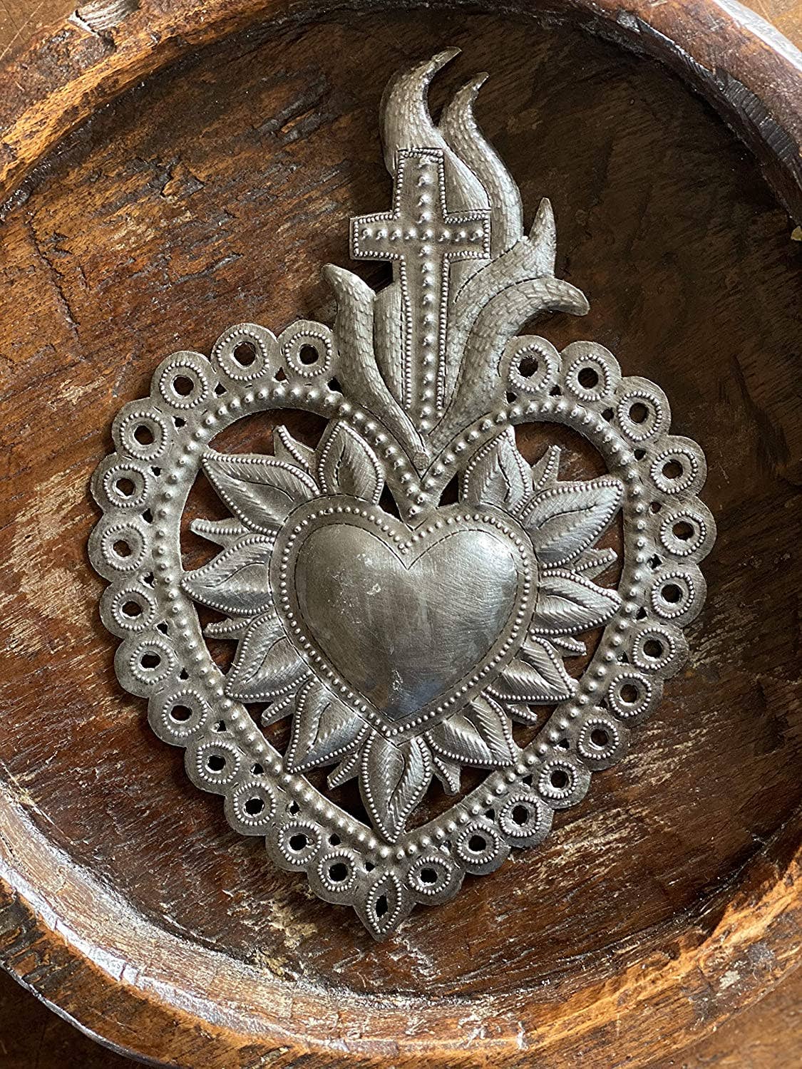 Flaming Sacred Heart with Cross,Haitian Metal Art 7"x10.25"