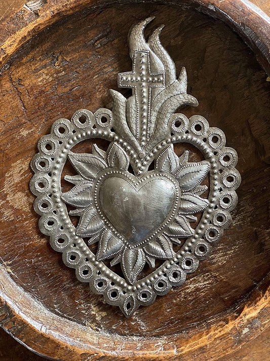 Flaming Sacred Heart with Cross,Haitian Metal Art 7"x10.25"
