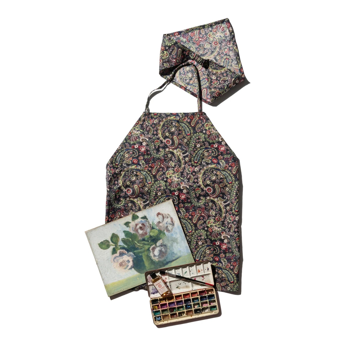 Hand Printed Kids Apron With Kerchief / Paisley