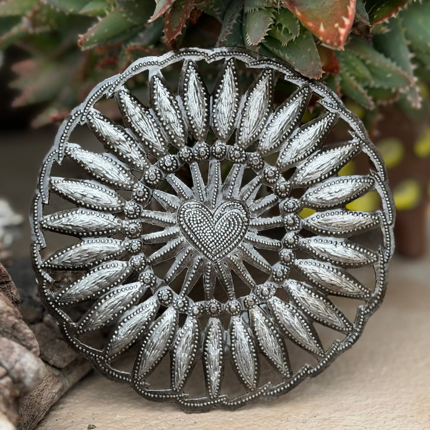 Haitian Metal Floral Heart Wall Art 5x5 Hand Chiseled Recycl