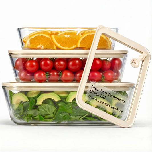 Glass Storage Container Set, with Lids, Rectangular, Clear/Sand, Set of 3