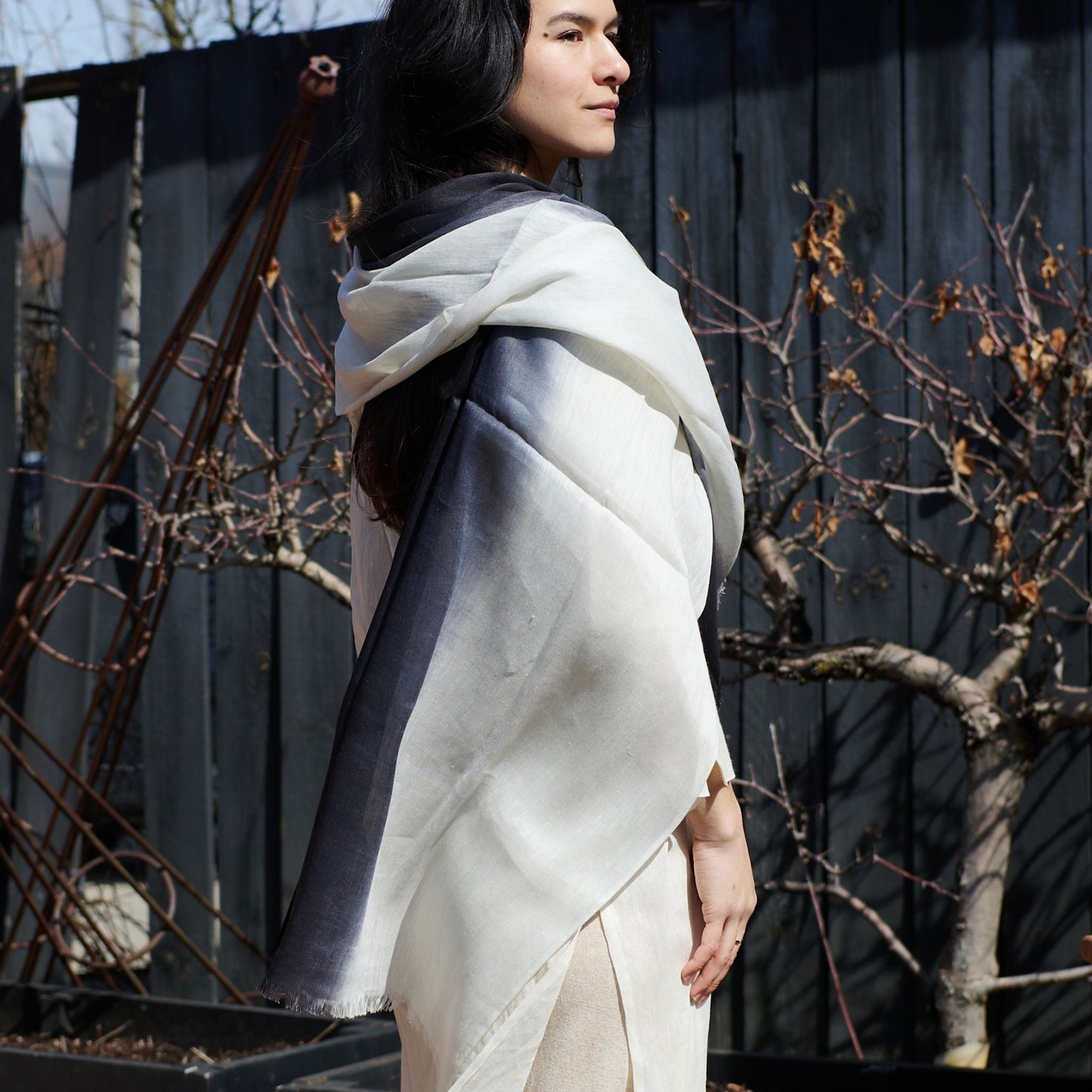 Granite Black White Ombre Linen Silk Handloom Scarf