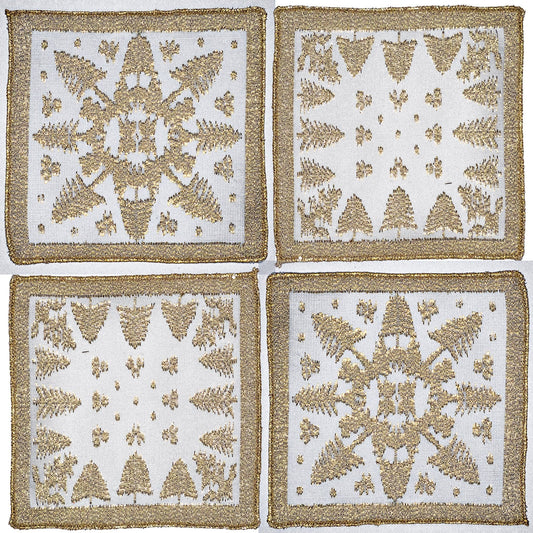 S/4 Scottish White Leno Gauze Cocktail Napkins - Gold Lurex