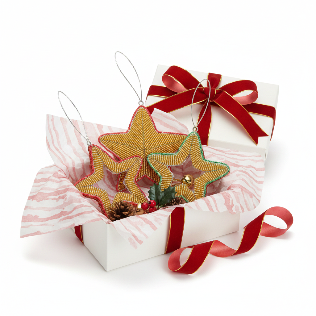 Handmade Beaded Star Ornament – Haitian Artisan Holiday Décor-Festive Christmas. (Set of 3, Asst)