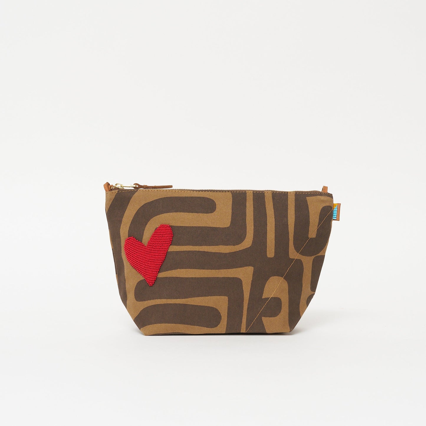 XLarge Convertible Pouch - Mocha Kuba with Red Beaded Heart with Short Leather Strap