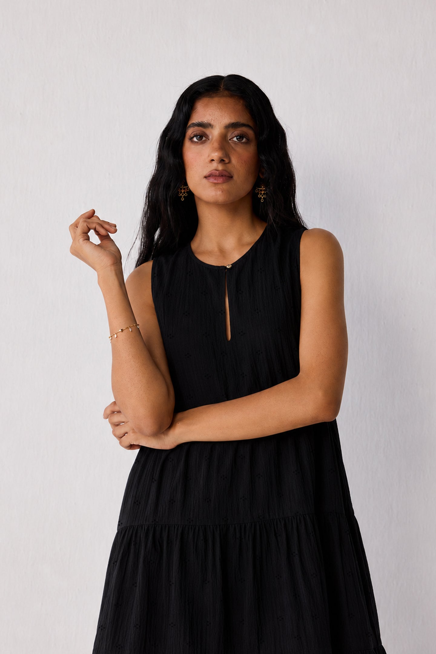Embroidered Everyday Sleeveless Short Tiered Dress in Black