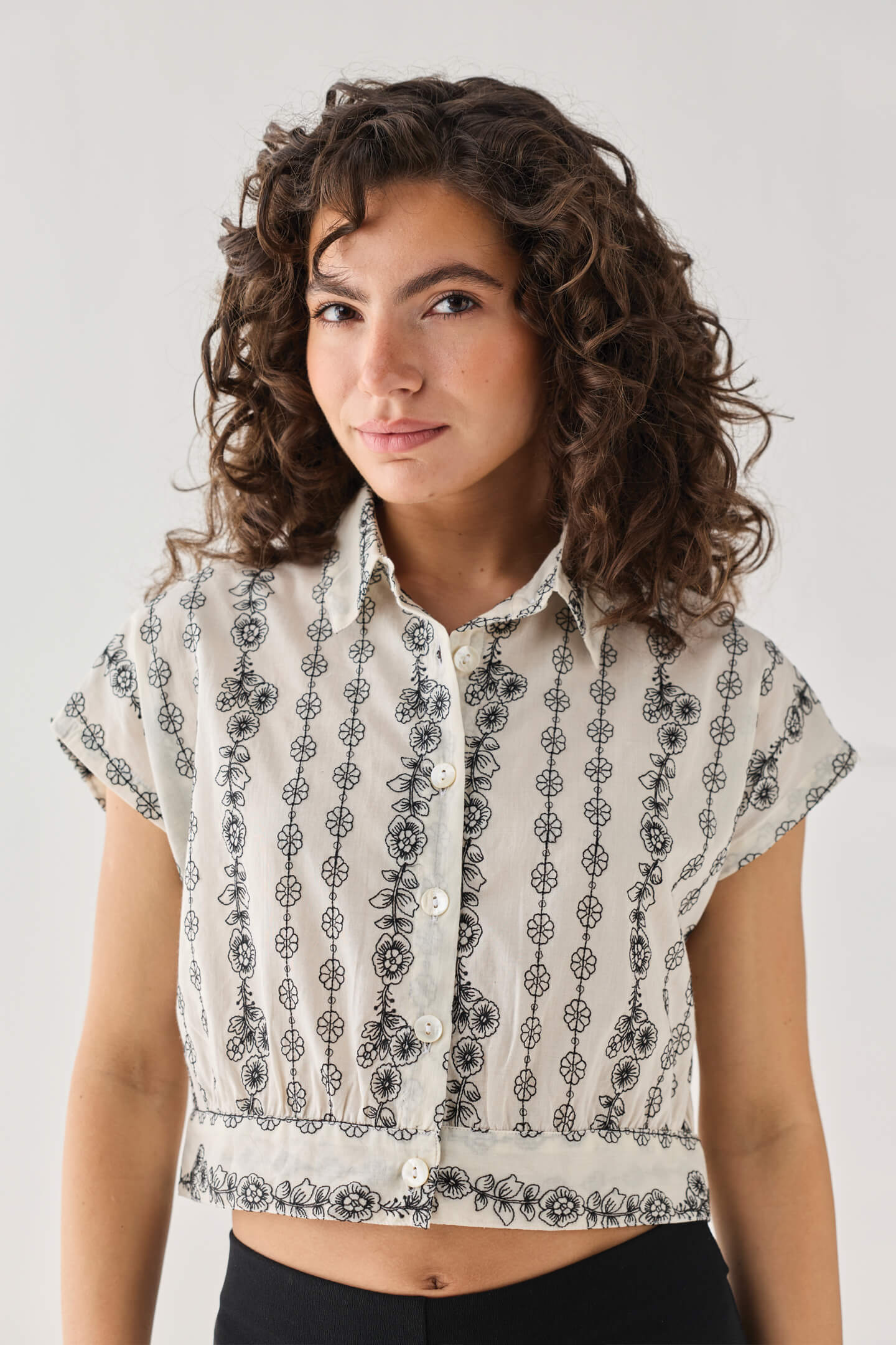 Oversized Crop Shirt with Floral Embroidery
