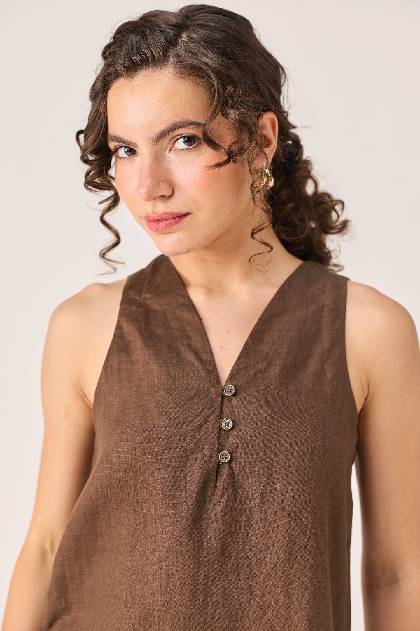 The Button Neck Top in Brown